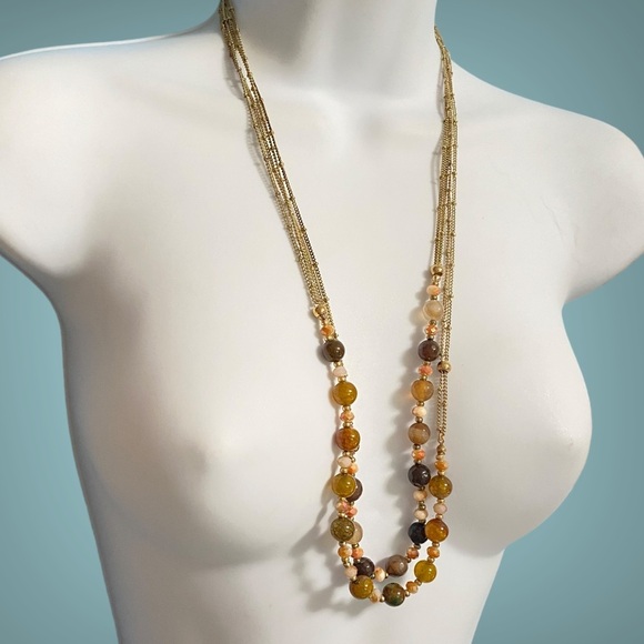 Natural Stone & Glass Beads Pair of Gold Tone Necklaces - Picture 3 of 10